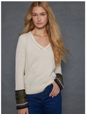 Lisa Todd Sweater Size XS Crochet Cuff Links Sweater V Neck Cashmere / Cotton